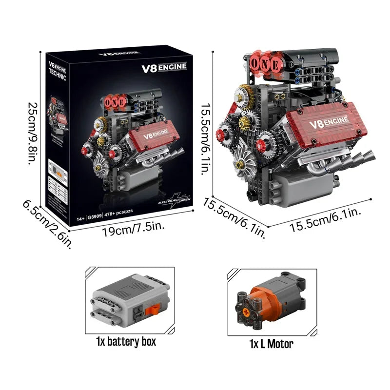 V8 Engine Motorized Building Blocks – 478PCS Simulation Car Engine Model Kit for Adults