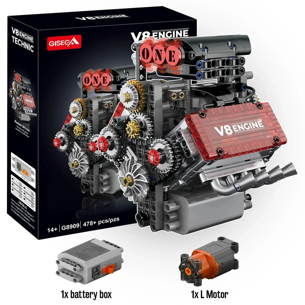V8 Engine Motorized Building Blocks – 478PCS Simulation Car Engine Model Kit for Adults