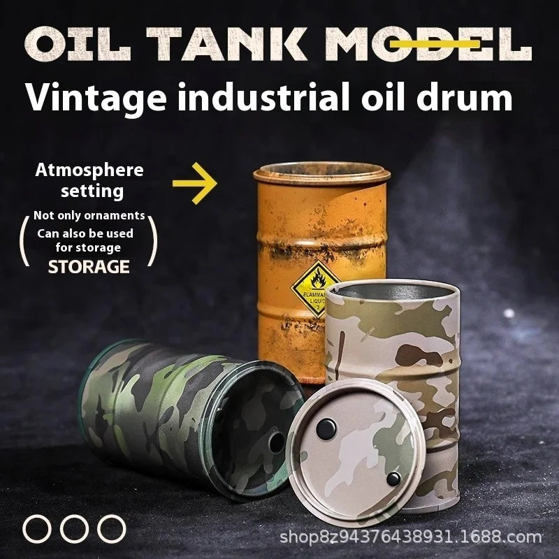 Miniature Oil Drum Model – Metal Desktop Decoration & Stationery Holder