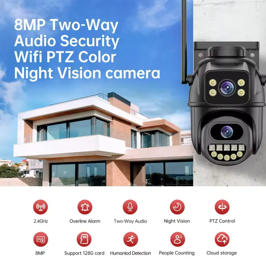 8MP WiFi PTZ Outdoor Security Camera – Dual Lens, AI Tracking & Night Vision